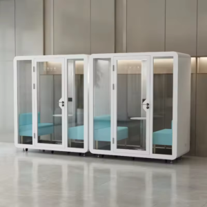 門真市の家電メーカー本社にあるモジュール式ミーティングポッドは最新の空気清浄システムを搭載しており常にクリーンな環境で会議ができる健康志向です。